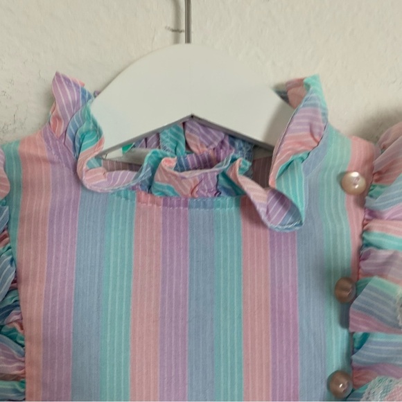 Vintage Toddler Girl Rainbow Stripe Dress 2T Lace Buttons Ribbon Kawaii Bow Cute - Picture 8 of 15